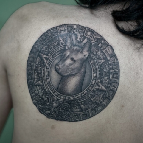 Tatuaje de Xoloizcuintli rodeado de calendario azteca