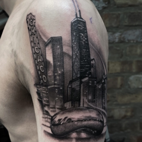 Chicago Skyline Bean Tattoo in Black and Grey