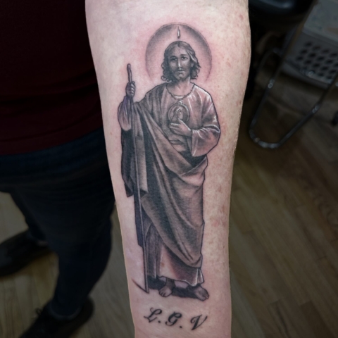 Jesus St. Judas Realistic Black and Grey Tattoo