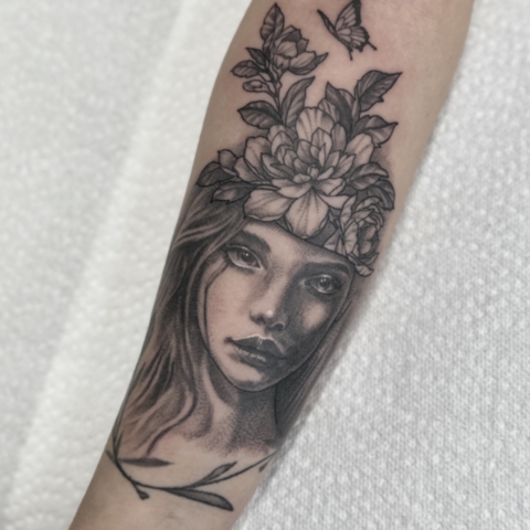 Retrato de chica con Peonía y mariposas en la cabeza tatuaje