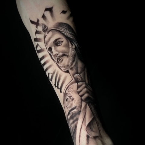 Saint Judas Portrait Tattoo with Lettering