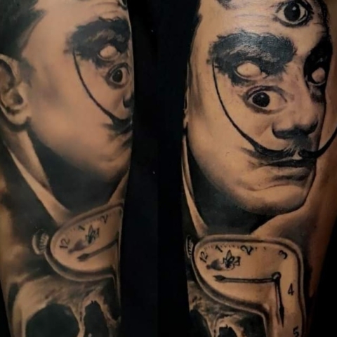 Tattoo Portrait of Salvador Dali  melting clock