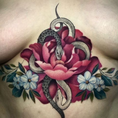 Peony Flowers with Snake Tattoo on Sternum