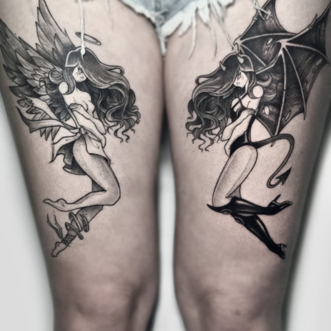 Tatuajes en el muslo con Angel y She Demon