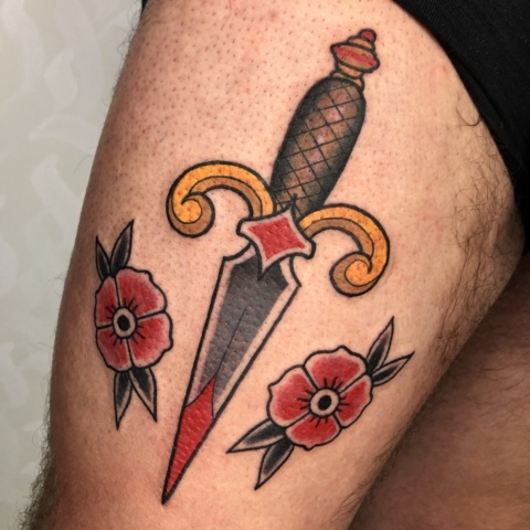 Traditional Tattoo Color Dagger Tattoo
