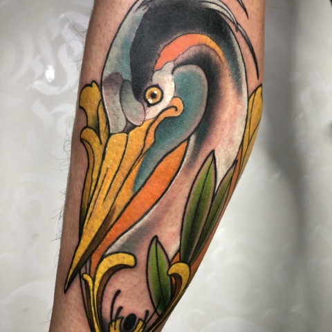 Color Japanese Traditional Crane Tattoo
